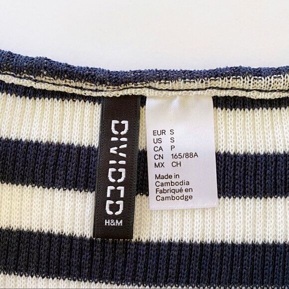 H&M Divided Knit Crop Top Navy Blue & White Stripes Short Sleeve Shirt S - Picture 2 of 9